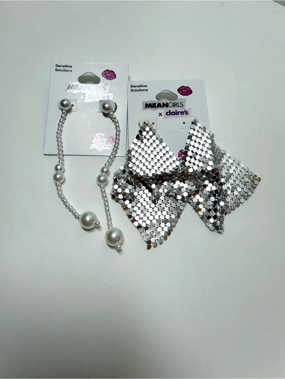 Silver Mesh Drop Earrings and Pearl like Dangle Set - Silver/White